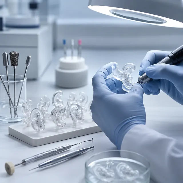 Şeffaf kulak kalıbının hassas biçimde işlendiği yakın plan